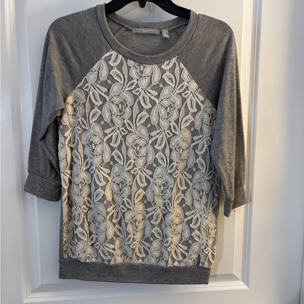 NY Collection Petite Gray and Cream Lace Detailing Women's Top sz PS
